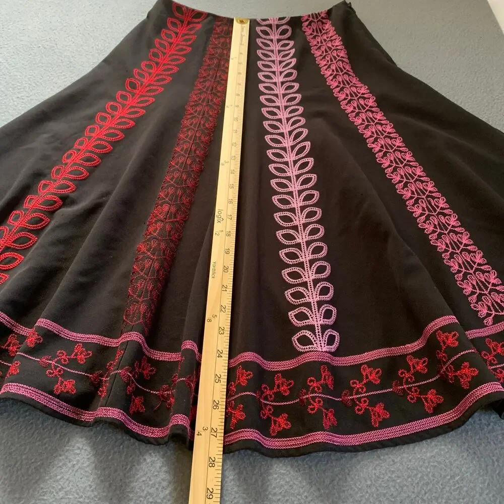 Sunny Leigh Embroidered Midi Skirt Black w/ Red and Pink Size 4 Folk Art Boho